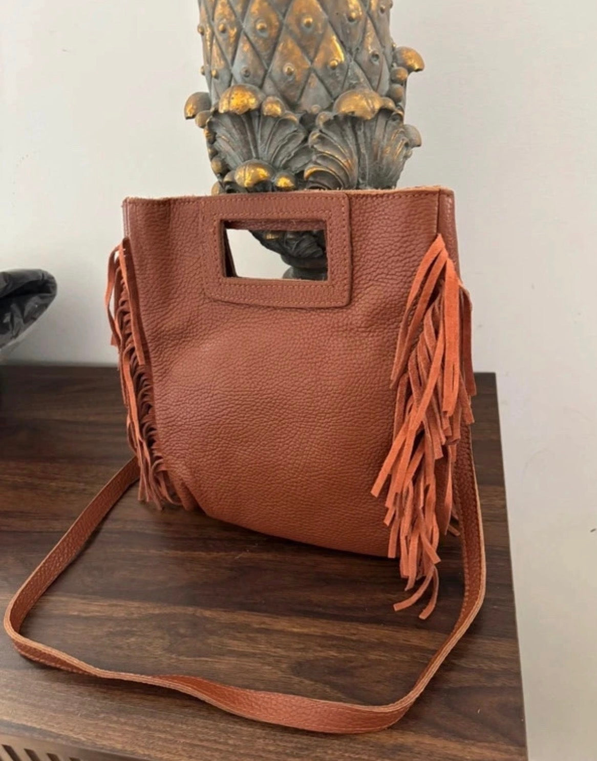 Borsa a mano e tracolla in pelle cuoio con frange - Stile Boho Chic