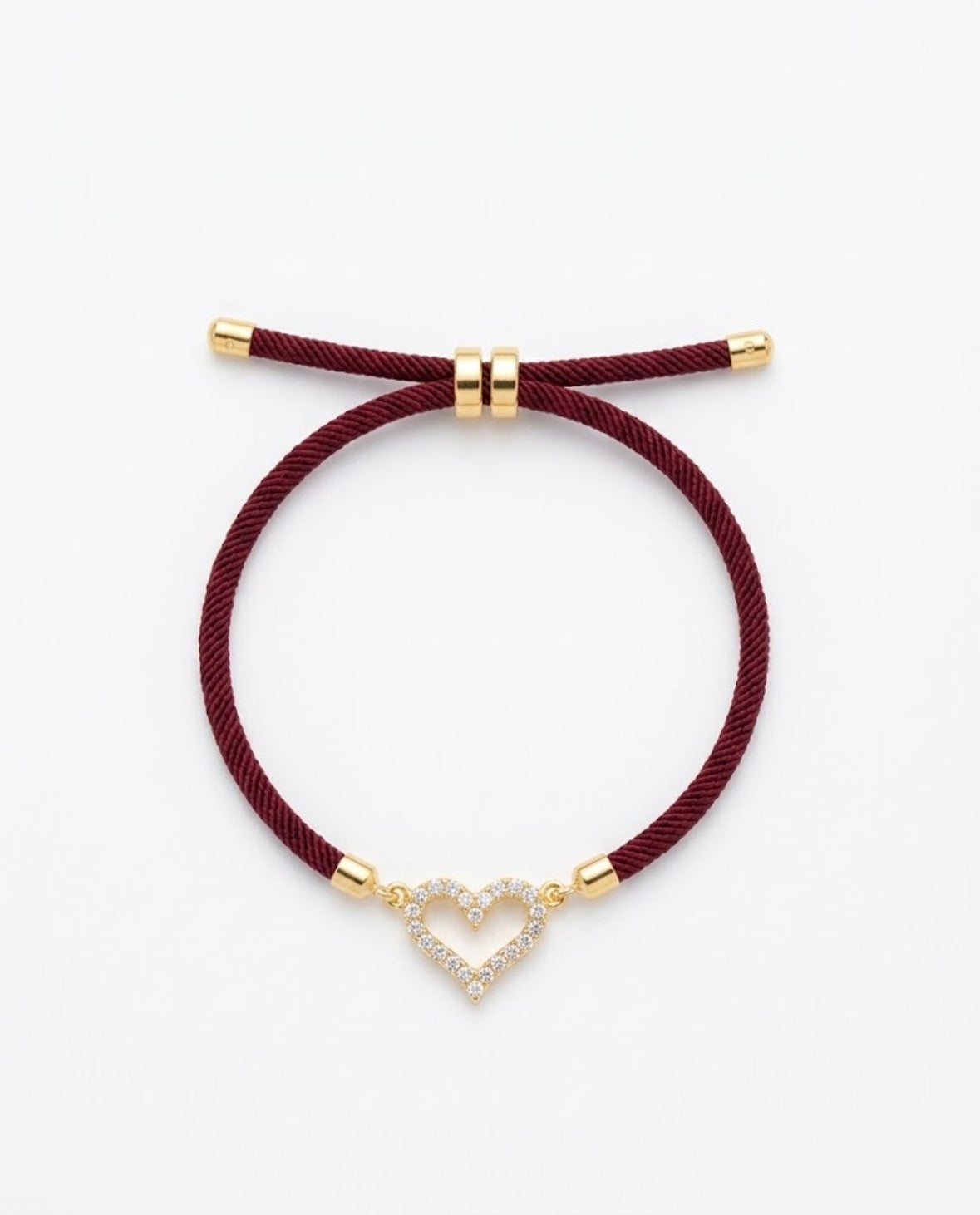 Bracciale in Cordino Borgogna con Ciondolo Cuore e Zirconi Luminosi
