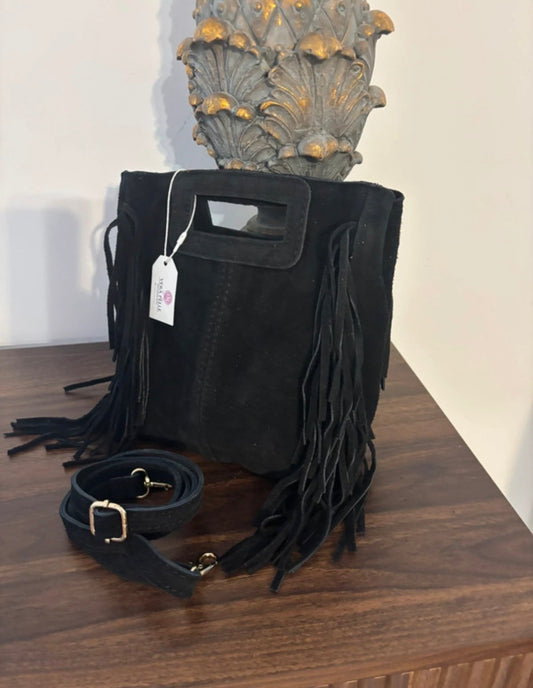 Borsa a mano e tracolla con frange in vera pelle scamosciata nera