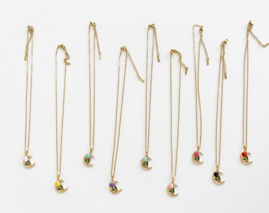 Collana Mezzaluna e Tulipano in Acciaio Dorato e Smalto