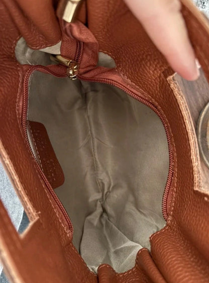Borsa a mano e tracolla in pelle cuoio con frange - Stile Boho Chic
