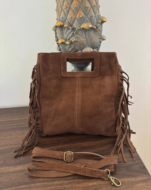 Borsa a mano e tracolla con frange in vera pelle scamosciata marrone