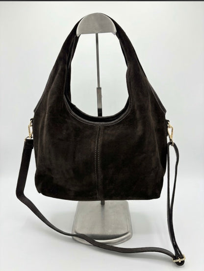 Borsa Hobo in Pelle Scamosciata – Marrone Scuro / Testa di Moro
