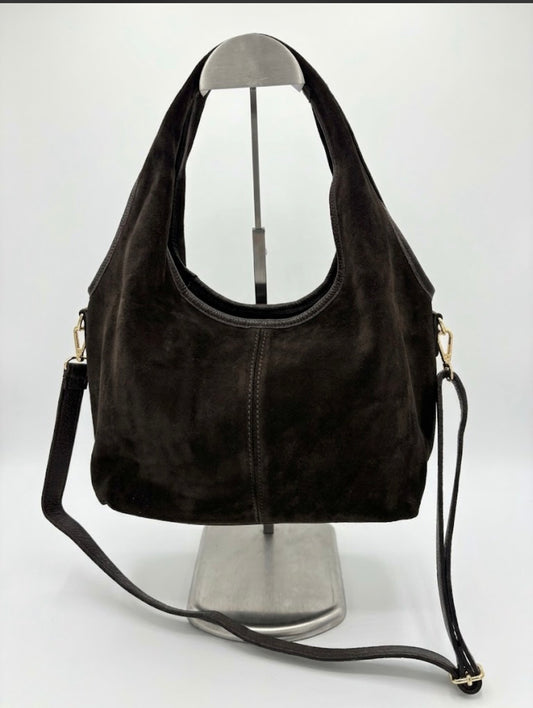 Borsa Hobo in Pelle Scamosciata – Marrone Scuro / Testa di Moro