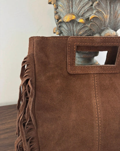 Borsa a mano e tracolla con frange in vera pelle scamosciata marrone