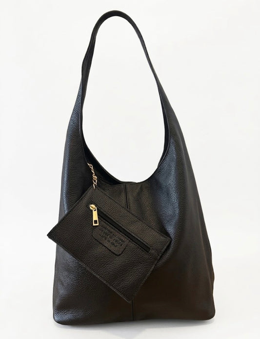 Borsa Hobo in Vera Pelle Martellata nera con Pochette Coordinata – Collezione Autunno/Inverno