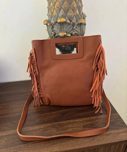 Borsa a mano e tracolla in pelle cuoio con frange - Stile Boho Chic