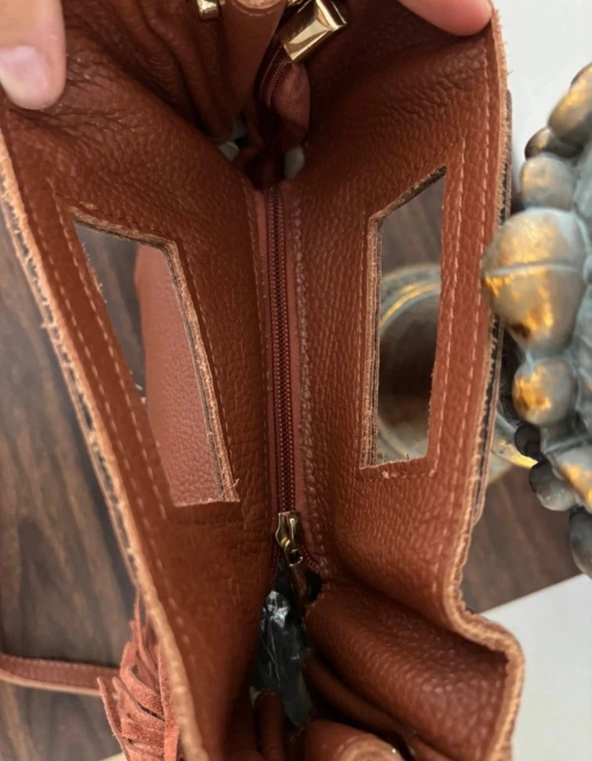 Borsa a mano e tracolla in pelle cuoio con frange - Stile Boho Chic