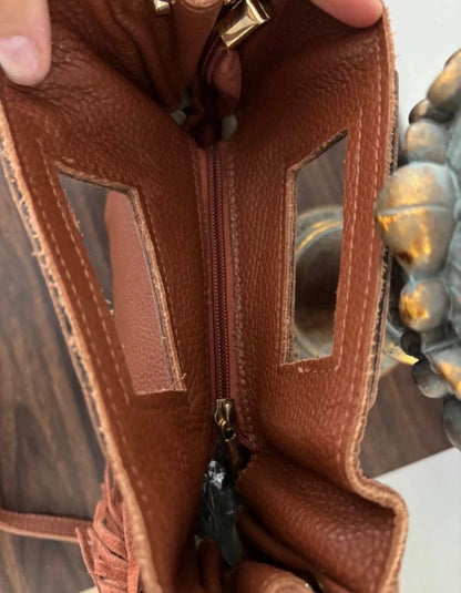 Borsa a mano e tracolla in pelle cuoio con frange - Stile Boho Chic