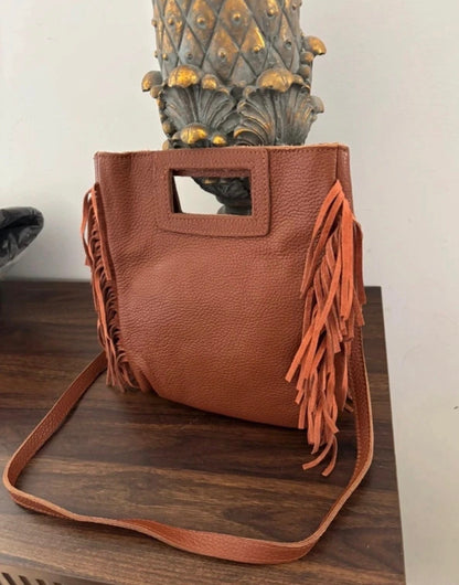 Borsa a mano e tracolla in pelle cuoio con frange - Stile Boho Chic