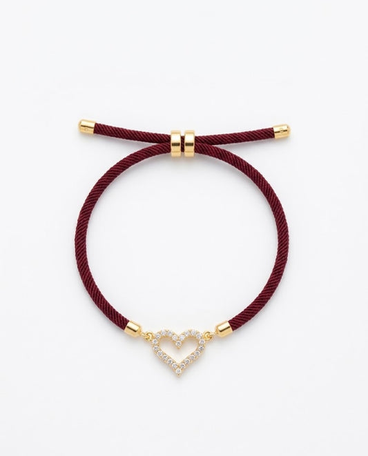 Bracciale in Cordino Borgogna con Ciondolo Cuore e Zirconi Luminosi